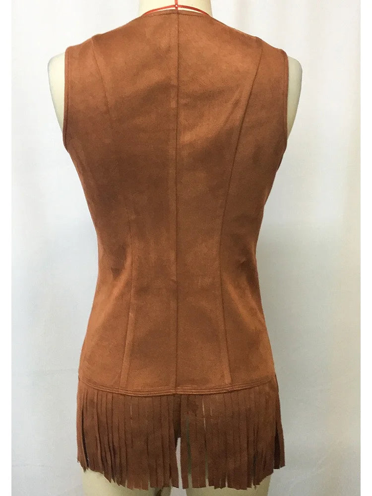 Western Vintage Tassel Vest Women's Fringe Faux Suede Waistcoat