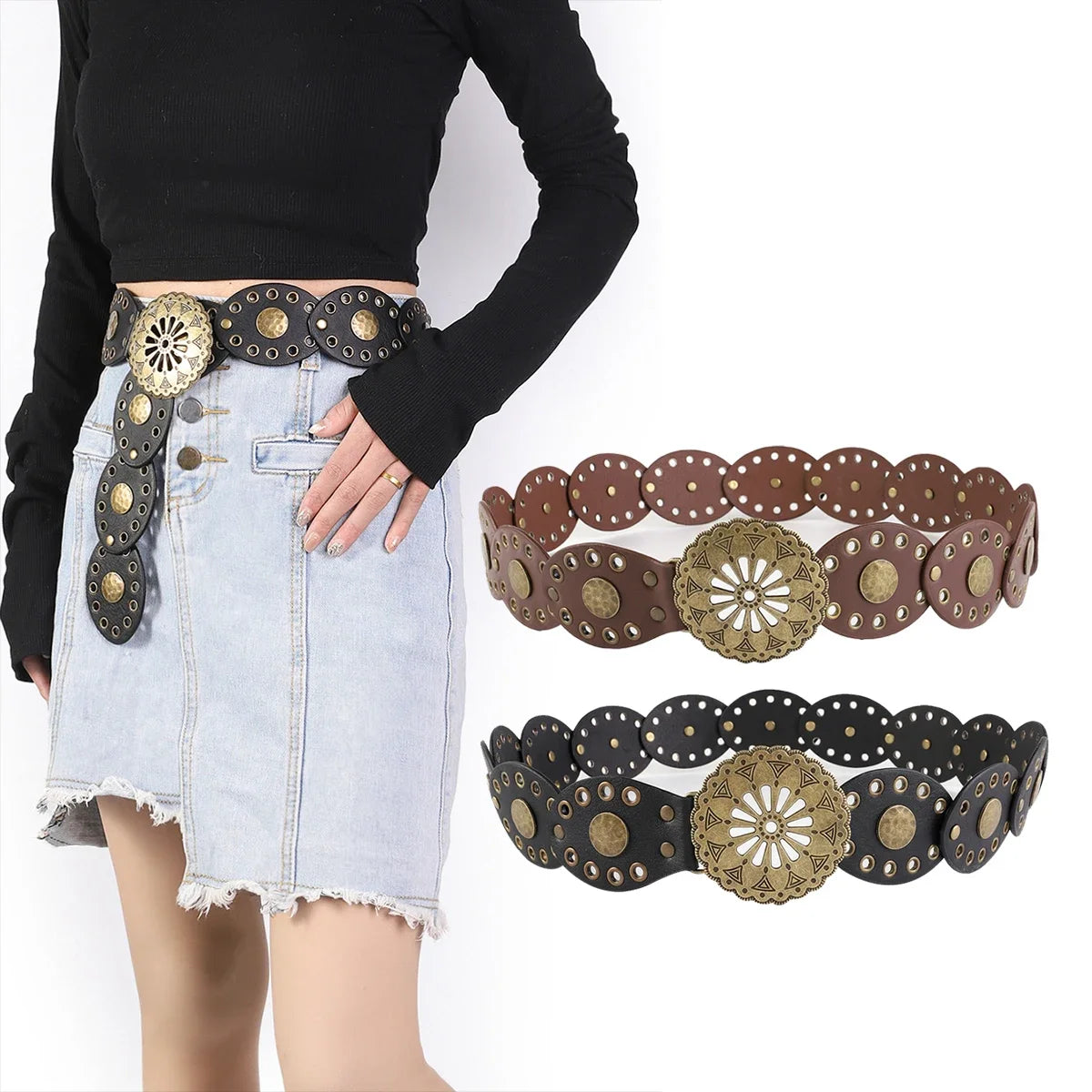 western cowboy belt round hollow metal wide belt