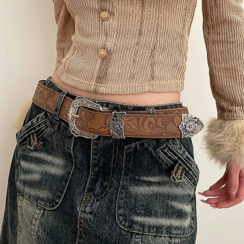 Leather Western cowgirl Brown Metal belt
