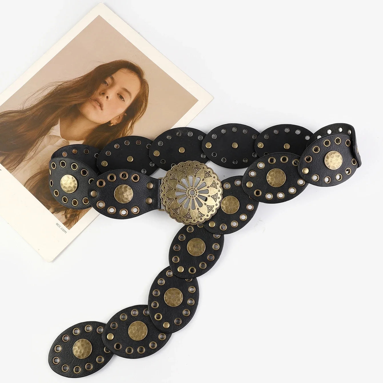 western cowboy belt round hollow metal wide belt