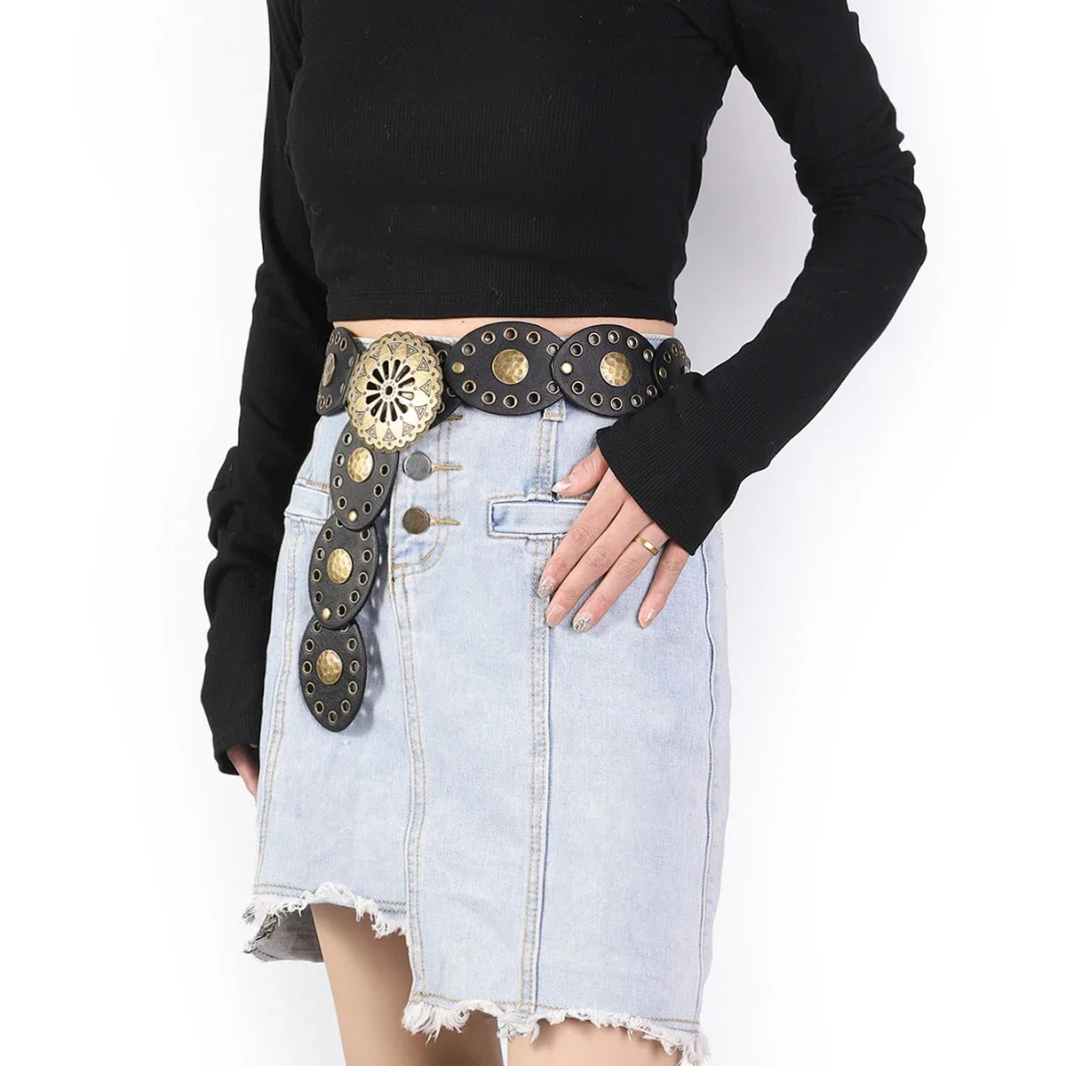 western cowboy belt round hollow metal wide belt