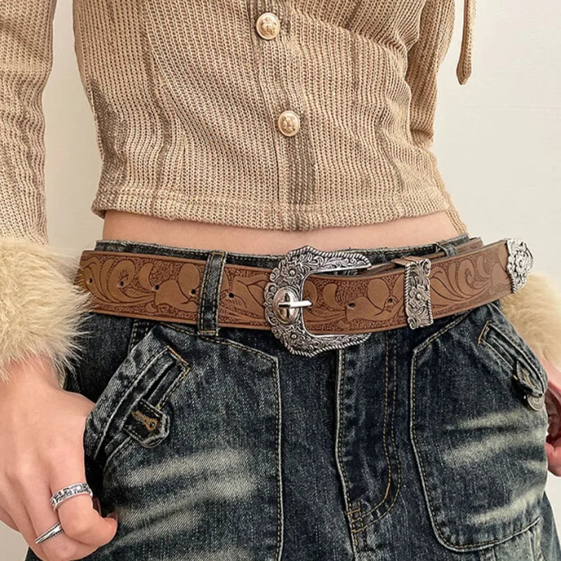 Leather Western cowgirl Brown Metal belt