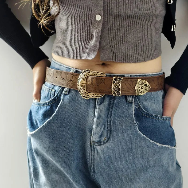 Leather Western cowgirl Brown Metal belt