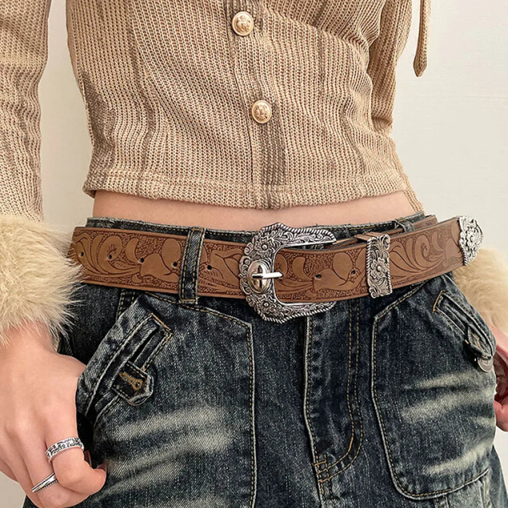 Leather Western cowgirl Brown Metal belt