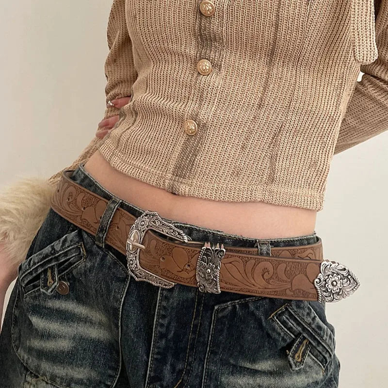 Leather Western cowgirl Brown Metal belt