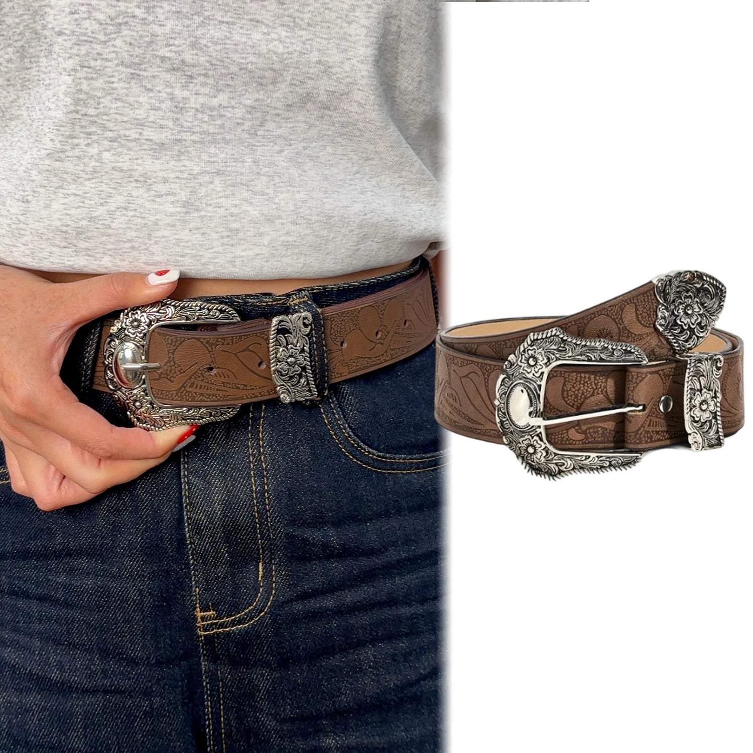 Leather Western cowgirl Brown Metal belt
