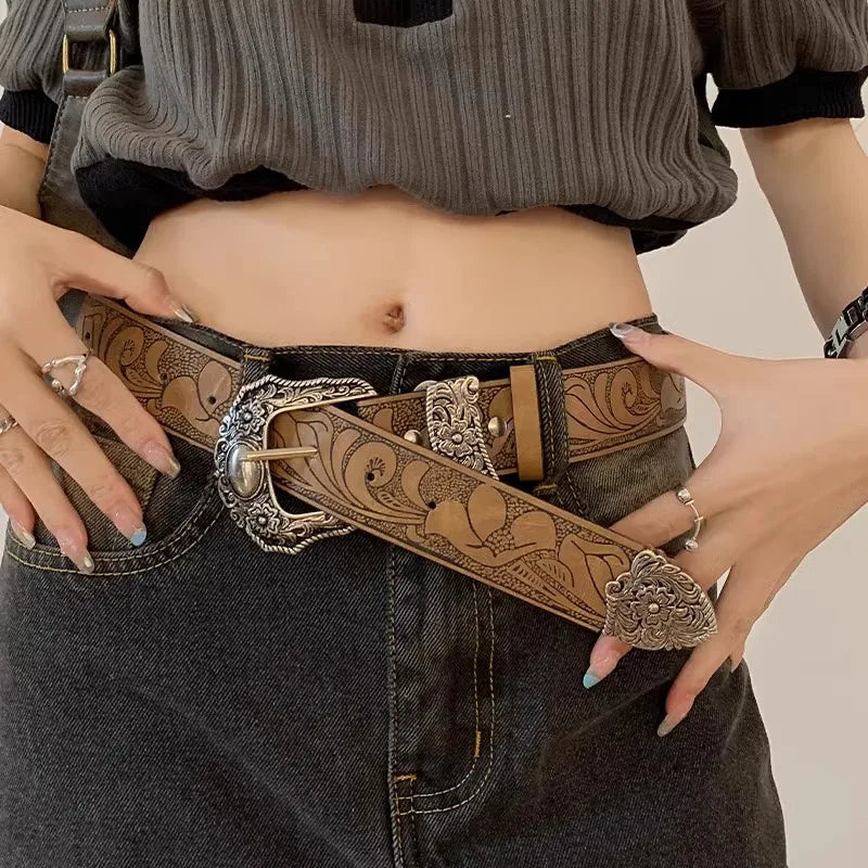 Leather Western cowgirl Brown Metal belt