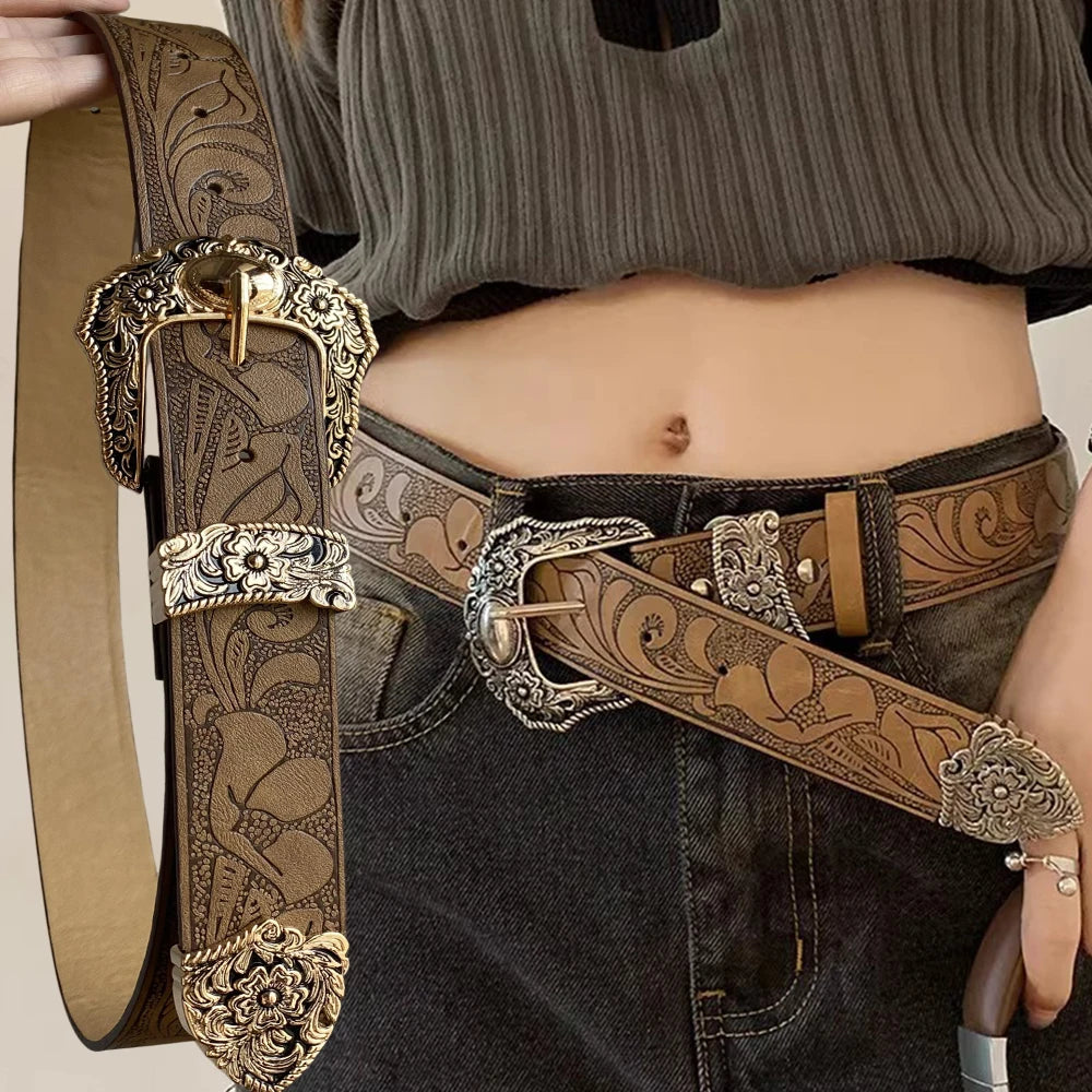 Leather Western cowgirl Brown Metal belt