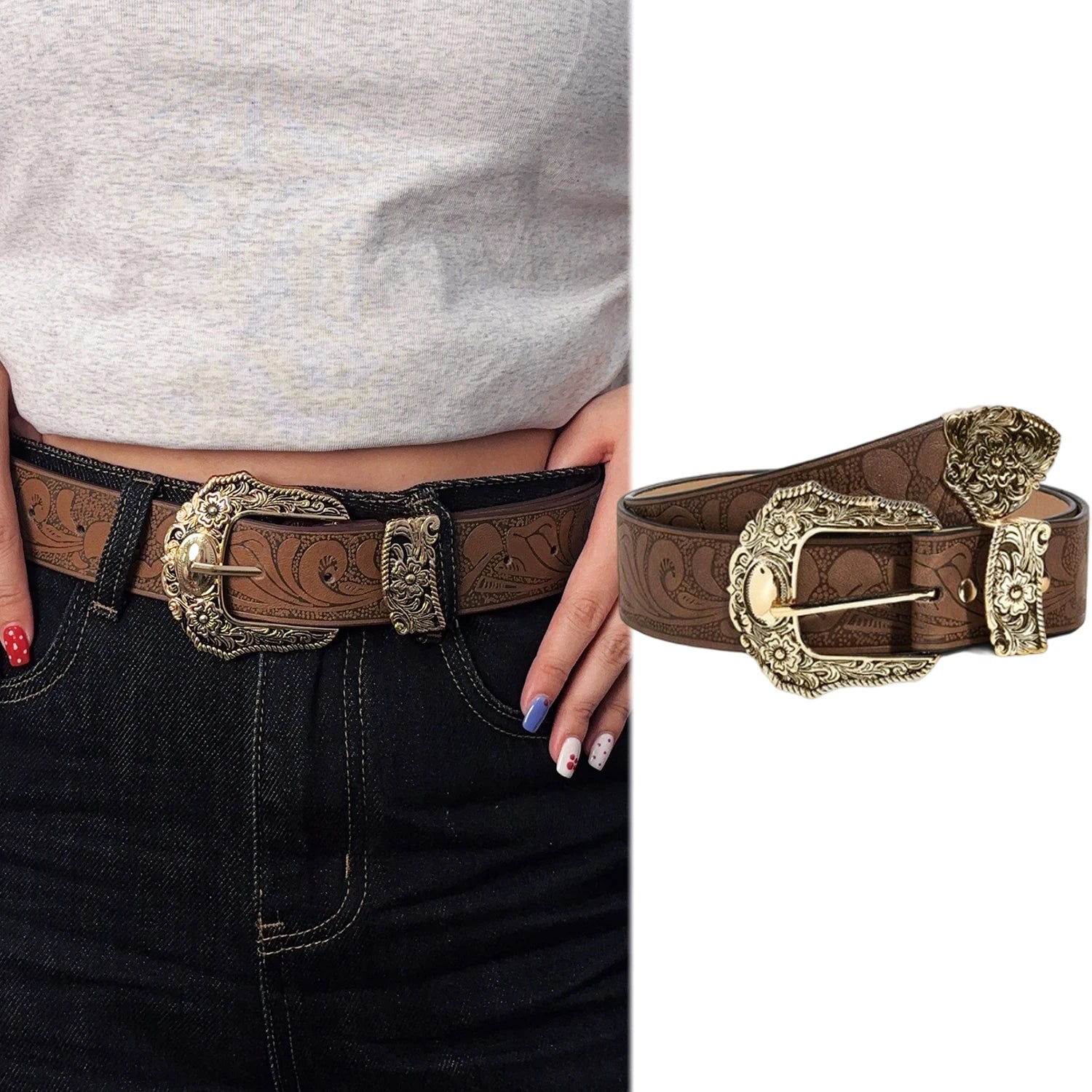 Leather Western cowgirl Brown Metal belt