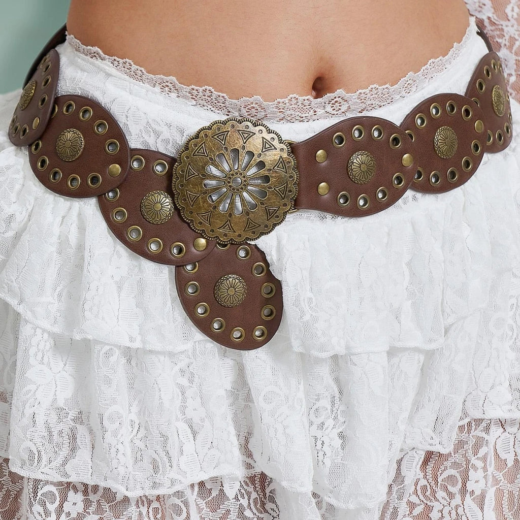 western cowboy belt round hollow metal wide belt